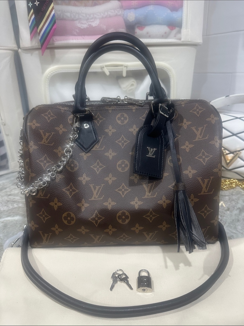 Dark soft Satchel with Black Trim, Tassel, luggage tag & shoulder strap